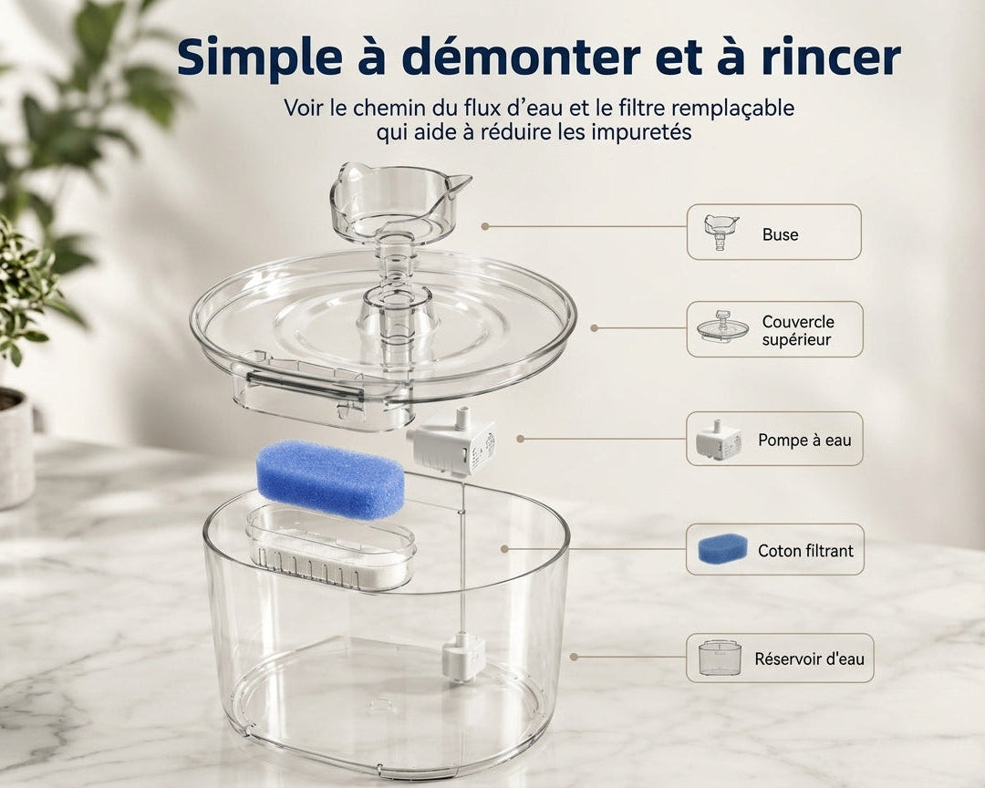 Fontaine à Eau Filtrante et Silencieuse (Bleu translucide)